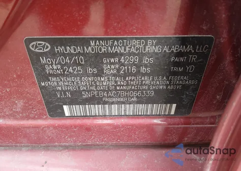 2011 Hyundai Sonata Gls from USA, damaged, VIN 5NPEB4AC7BH066339